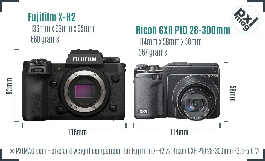Fujifilm X-H2 vs Ricoh GXR P10 28-300mm F3.5-5.6 VC size comparison
