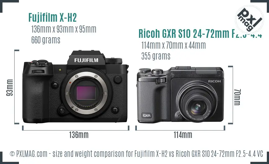 Fujifilm X-H2 vs Ricoh GXR S10 24-72mm F2.5-4.4 VC size comparison