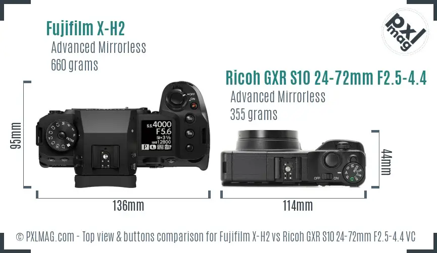 Fujifilm X-H2 vs Ricoh GXR S10 24-72mm F2.5-4.4 VC top view buttons comparison