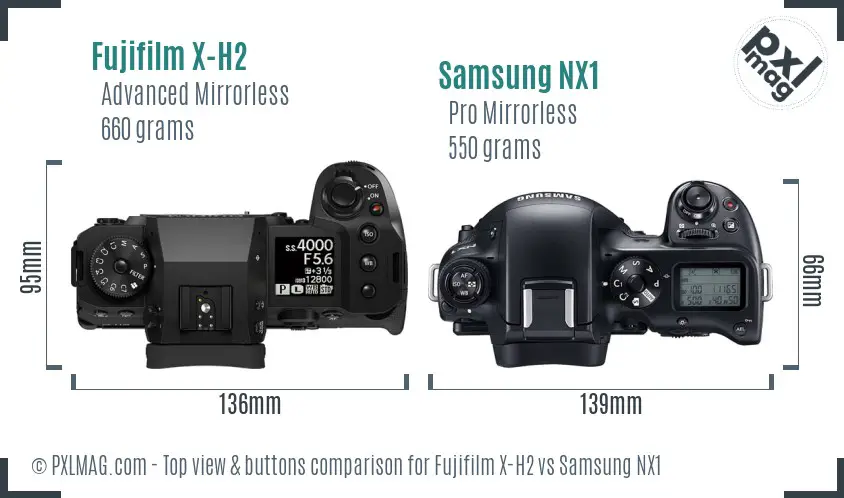 Fujifilm X-H2 vs Samsung NX1 top view buttons comparison