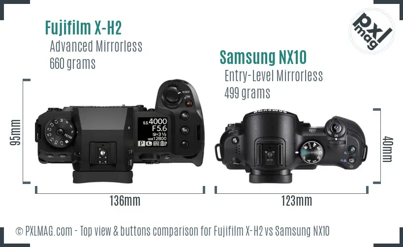 Fujifilm X-H2 vs Samsung NX10 top view buttons comparison