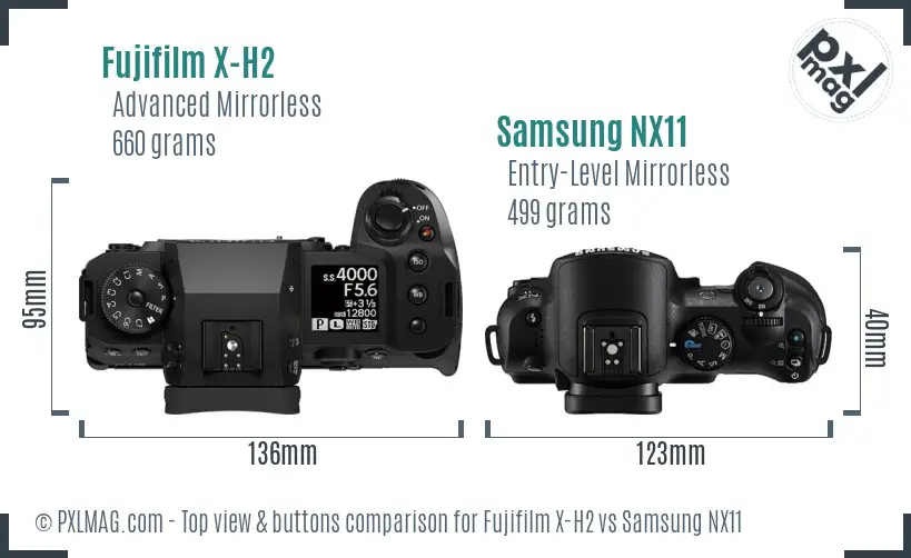 Fujifilm X-H2 vs Samsung NX11 top view buttons comparison