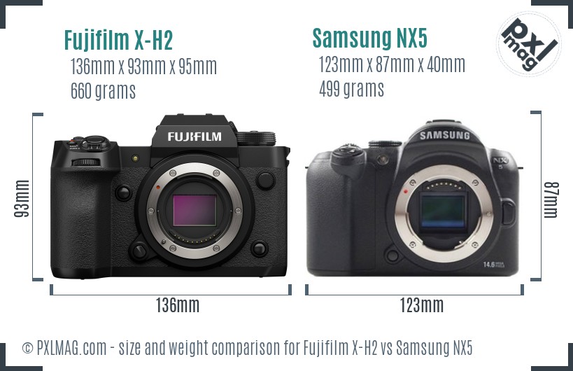 Fujifilm X-H2 vs Samsung NX5 size comparison