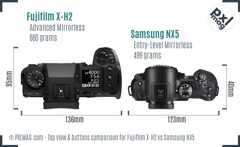 Fujifilm X-H2 vs Samsung NX5 top view buttons comparison