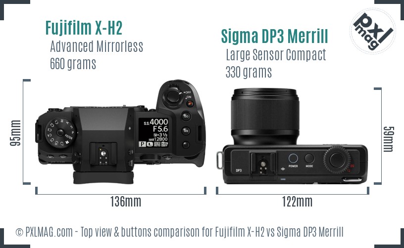 Fujifilm X-H2 vs Sigma DP3 Merrill top view buttons comparison