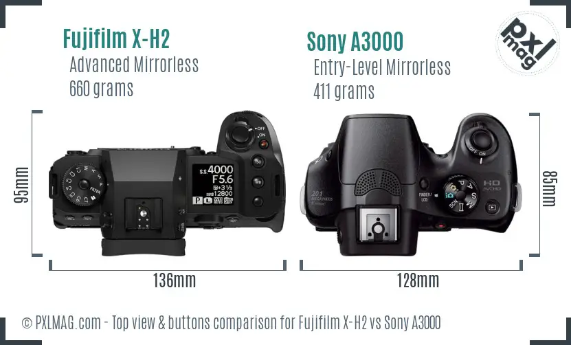 Fujifilm X-H2 vs Sony A3000 top view buttons comparison