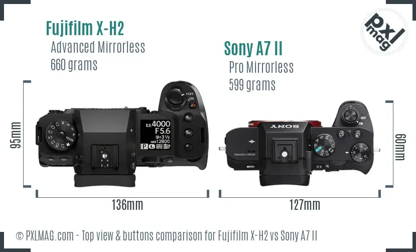 Fujifilm X-H2 vs Sony A7 II top view buttons comparison Fujifilm X-H2 vs Sony A7 II top view buttons comparison