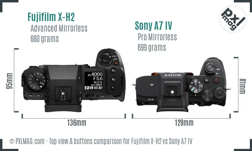 Fujifilm X-H2 vs Sony A7 IV top view buttons comparison Fujifilm X-H2 vs Sony A7 IV top view buttons comparison