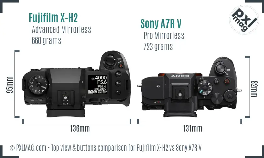 Fujifilm X-H2 vs Sony A7R V top view buttons comparison