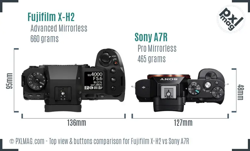 Fujifilm X-H2 vs Sony A7R top view buttons comparison
