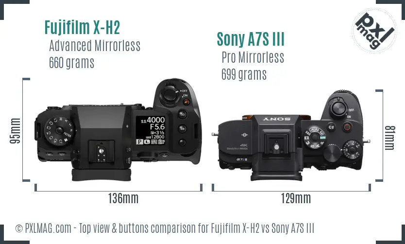 Fujifilm X-H2 vs Sony A7S III top view buttons comparison