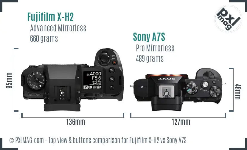 Fujifilm X-H2 vs Sony A7S top view buttons comparison Fujifilm X-H2 vs Sony A7S top view buttons comparison