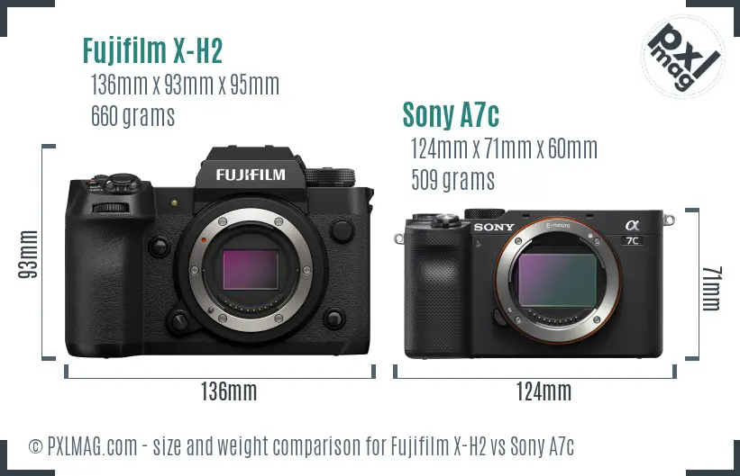 Fujifilm X-H2 vs Sony A7c size comparison