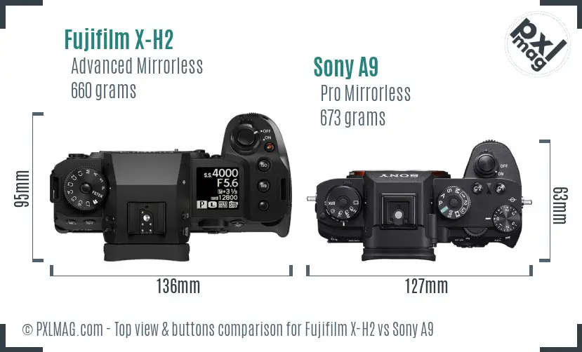 Fujifilm X-H2 vs Sony A9 top view buttons comparison Fujifilm X-H2 vs Sony A9 top view buttons comparison