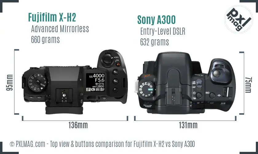 Fujifilm X-H2 vs Sony A300 top view buttons comparison
