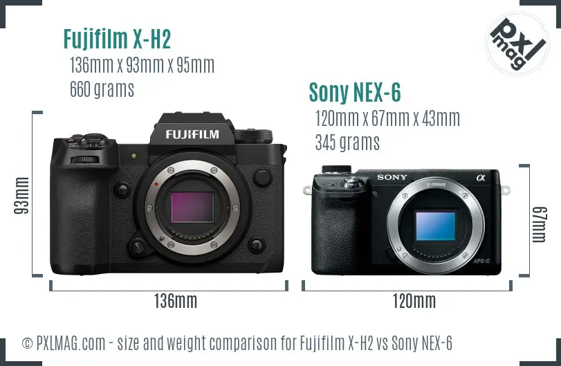 Fujifilm X-H2 vs Sony NEX-6 size comparison