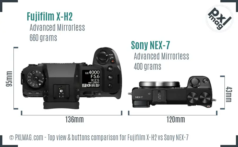 Fujifilm X-H2 vs Sony NEX-7 top view buttons comparison