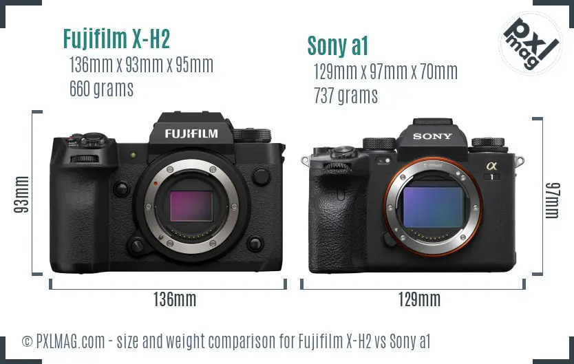 Fujifilm X-H2 vs Sony a1 size comparison