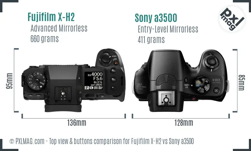 Fujifilm X-H2 vs Sony a3500 top view buttons comparison