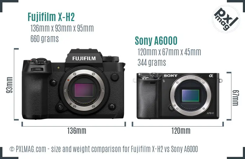 Fujifilm X-H2 vs Sony A6000 size comparison