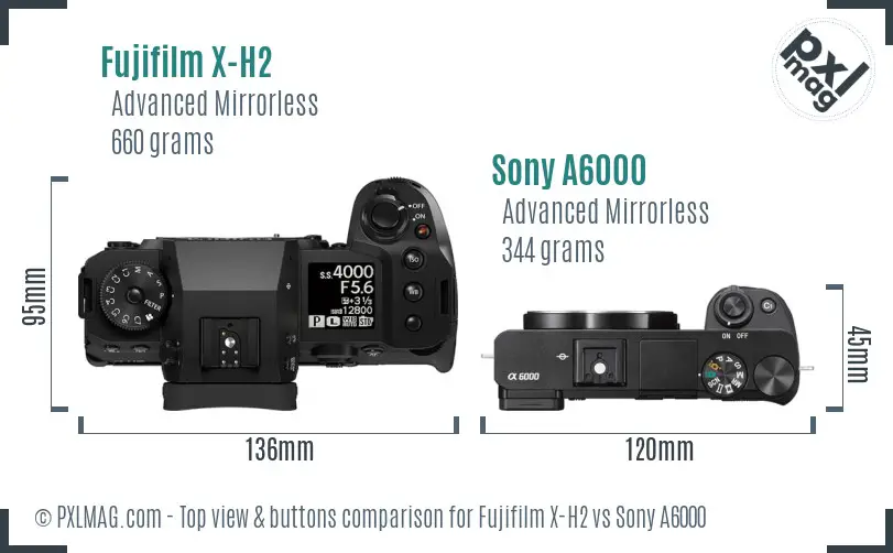 Fujifilm X-H2 vs Sony A6000 top view buttons comparison