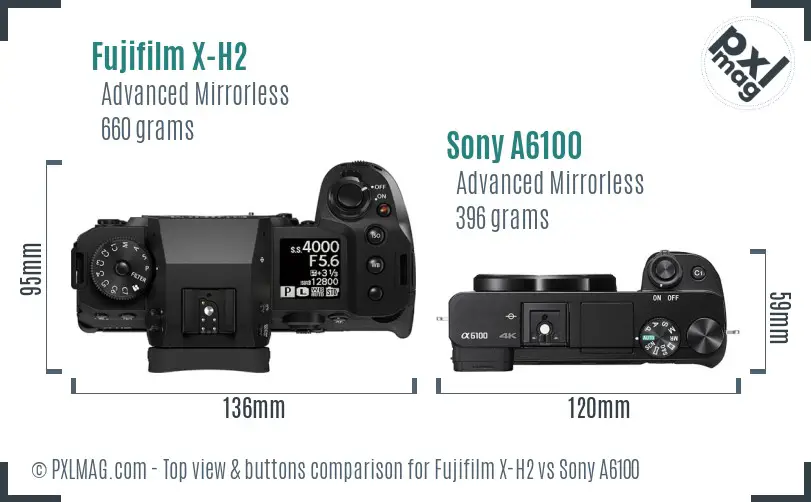 Fujifilm X-H2 vs Sony A6100 top view buttons comparison