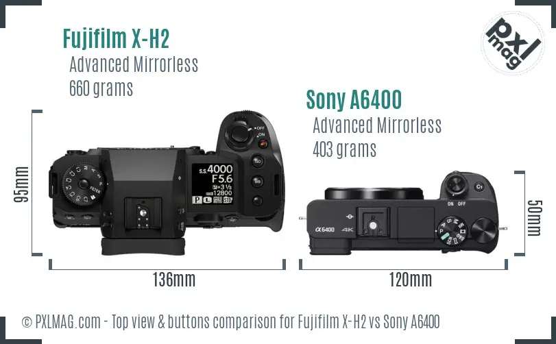 Fujifilm X-H2 vs Sony A6400 top view buttons comparison