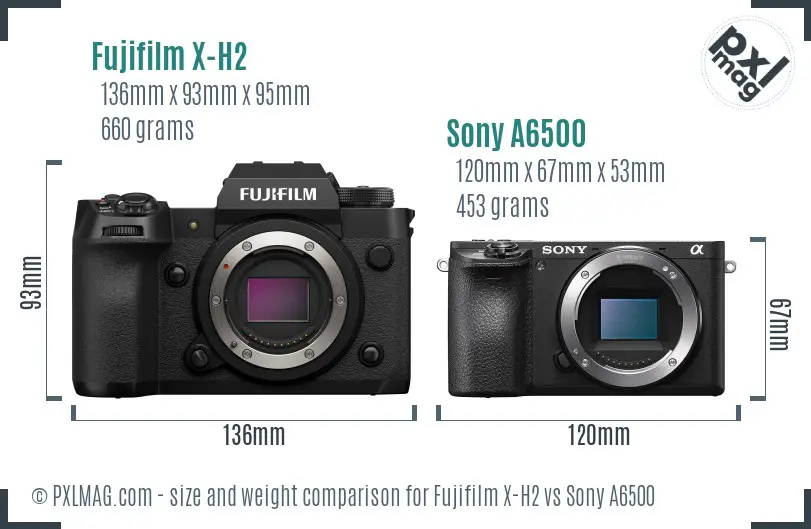 Fujifilm X-H2 vs Sony A6500 size comparison