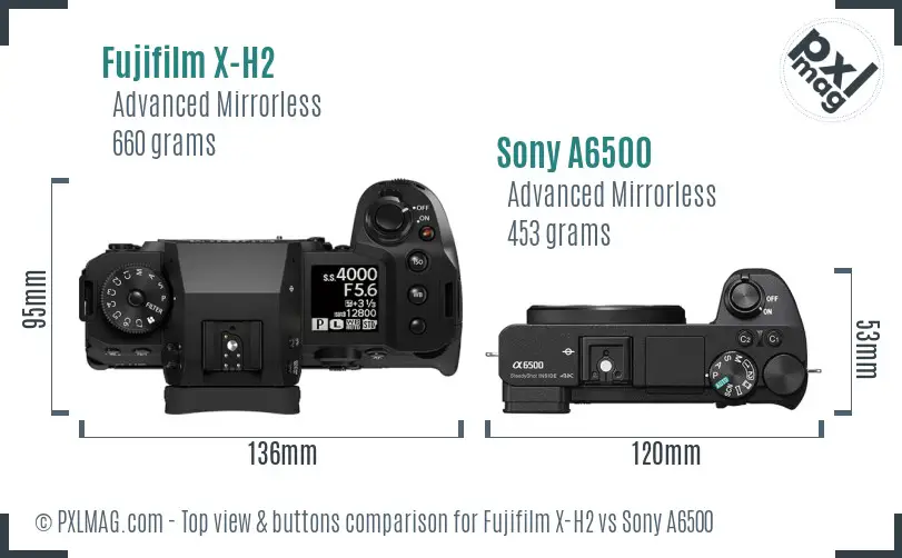 Fujifilm X-H2 vs Sony A6500 top view buttons comparison