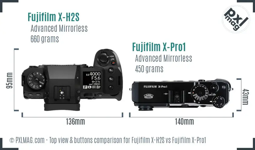 Fujifilm X-H2S vs Fujifilm X-Pro1 top view buttons comparison