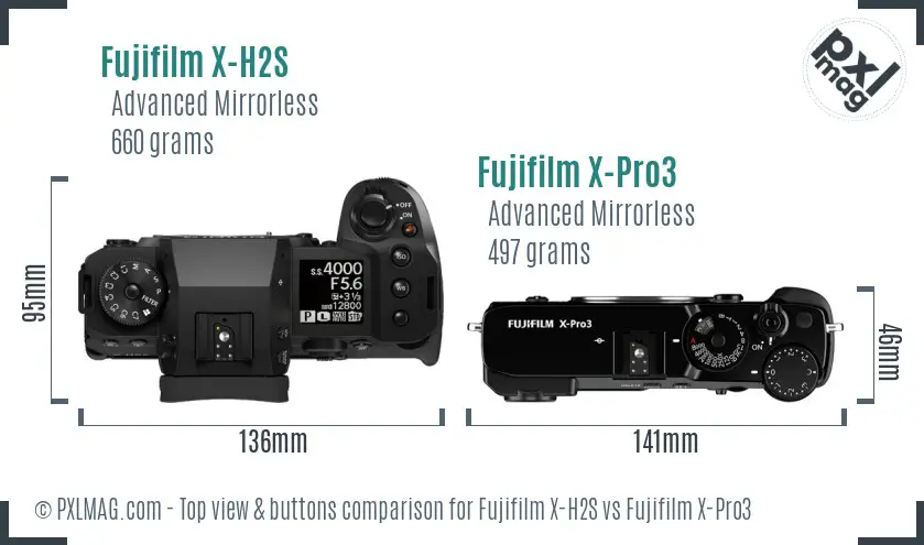 Fujifilm X-H2S vs Fujifilm X-Pro3 top view buttons comparison