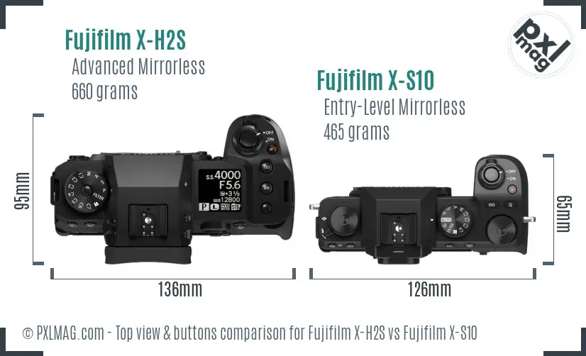 Fujifilm X-H2S vs Fujifilm X-S10 top view buttons comparison