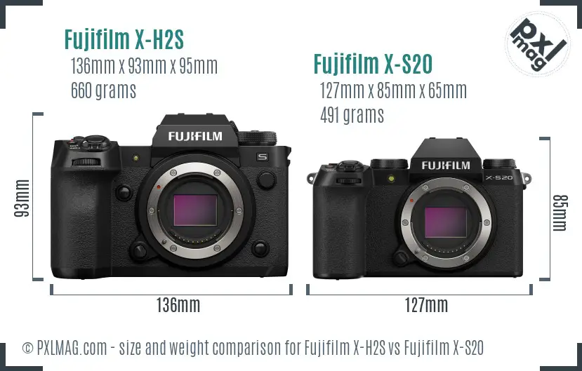 Fujifilm X-H2S vs Fujifilm X-S20 size comparison