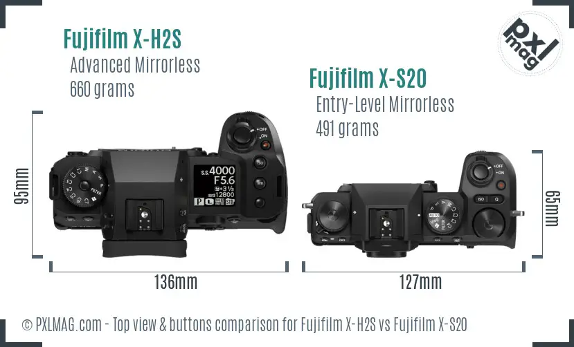 Fujifilm X-H2S vs Fujifilm X-S20 top view buttons comparison