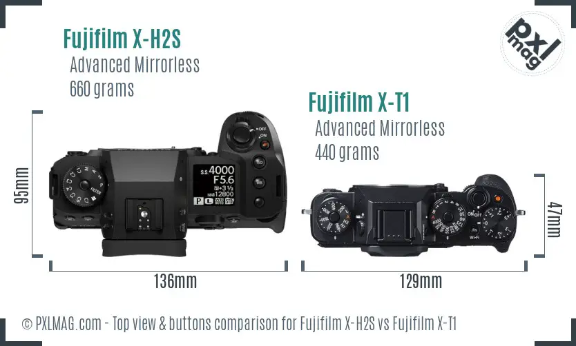 Fujifilm X-H2S vs Fujifilm X-T1 top view buttons comparison