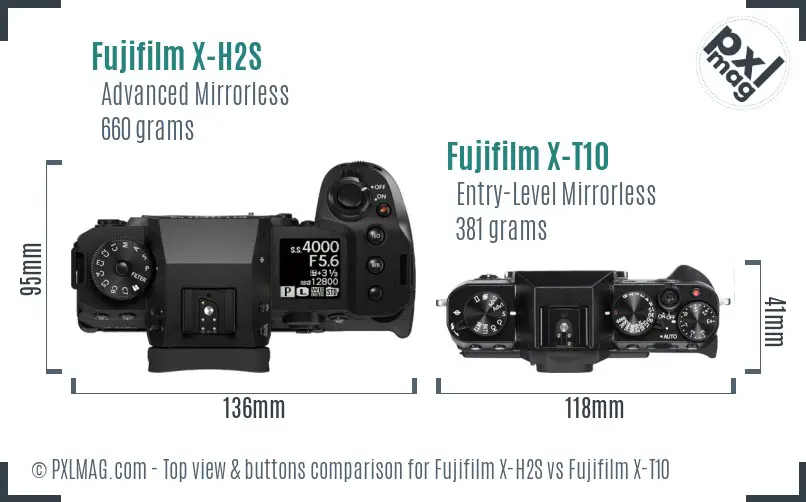 Fujifilm X-H2S vs Fujifilm X-T10 top view buttons comparison