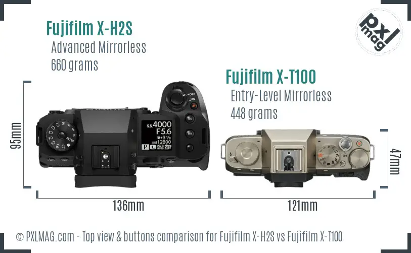 Fujifilm X-H2S vs Fujifilm X-T100 top view buttons comparison