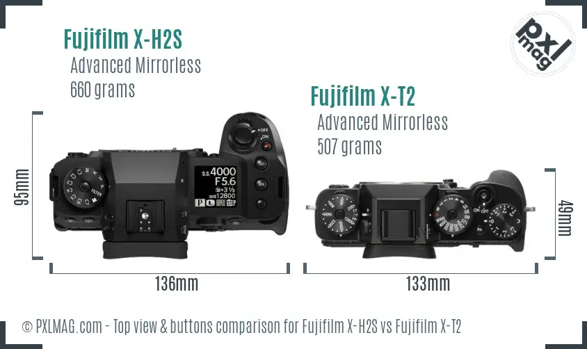 Fujifilm X-H2S vs Fujifilm X-T2 top view buttons comparison