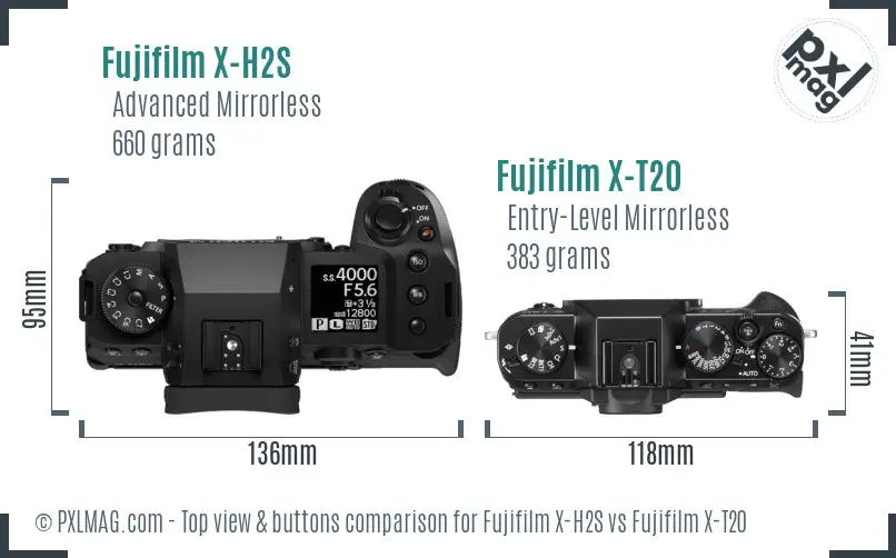 Fujifilm X-H2S vs Fujifilm X-T20 top view buttons comparison