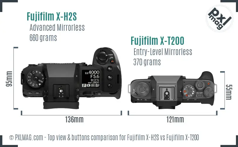 Fujifilm X-H2S vs Fujifilm X-T200 top view buttons comparison
