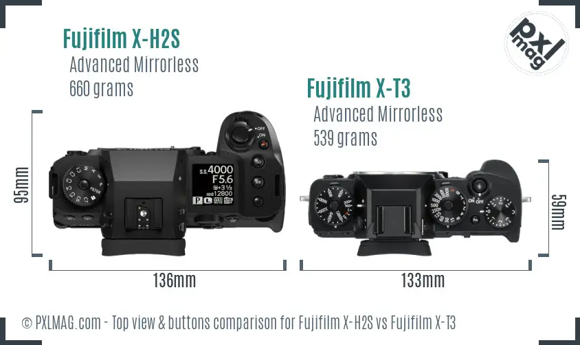 Fujifilm X-H2S vs Fujifilm X-T3 top view buttons comparison