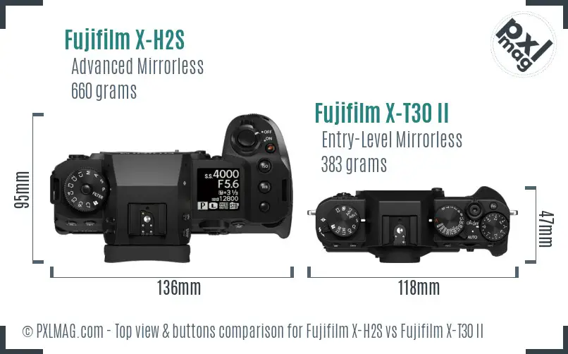 Fujifilm X-H2S vs Fujifilm X-T30 II top view buttons comparison