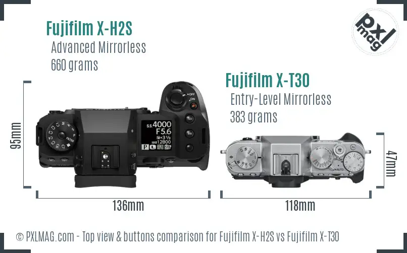 Fujifilm X-H2S vs Fujifilm X-T30 top view buttons comparison