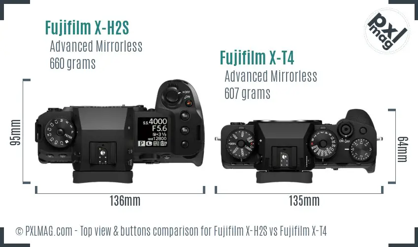 Fujifilm X-H2S vs Fujifilm X-T4 top view buttons comparison