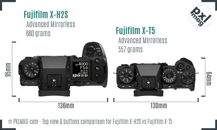 Fujifilm X-H2S vs Fujifilm X-T5 top view buttons comparison