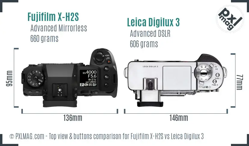 Fujifilm X-H2S vs Leica Digilux 3 top view buttons comparison Fujifilm X-H2S vs Leica Digilux 3 top view buttons comparison