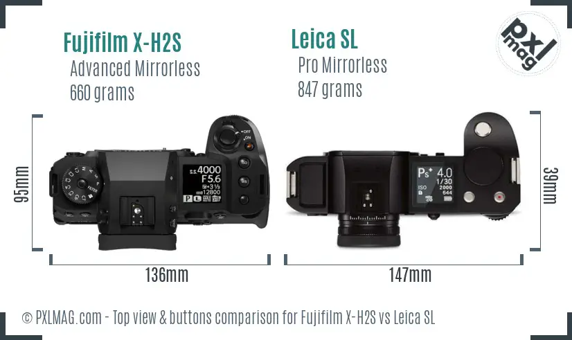 Fujifilm X-H2S vs Leica SL top view buttons comparison Fujifilm X-H2S vs Leica SL top view buttons comparison