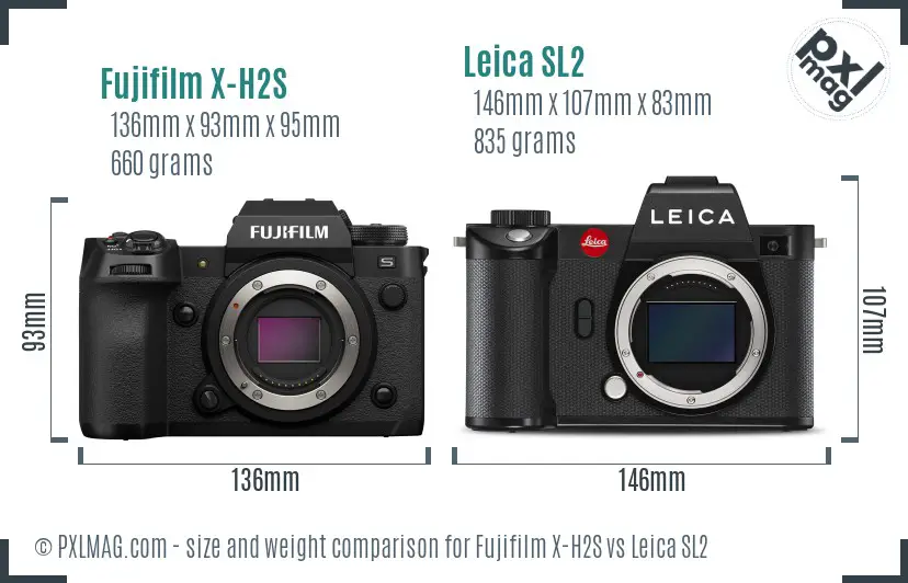 Fujifilm X-H2S vs Leica SL2 size comparison