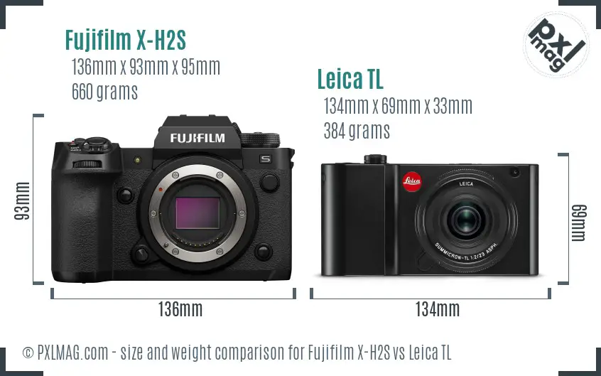 Fujifilm X-H2S vs Leica TL size comparison