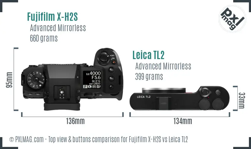 Fujifilm X-H2S vs Leica TL2 top view buttons comparison